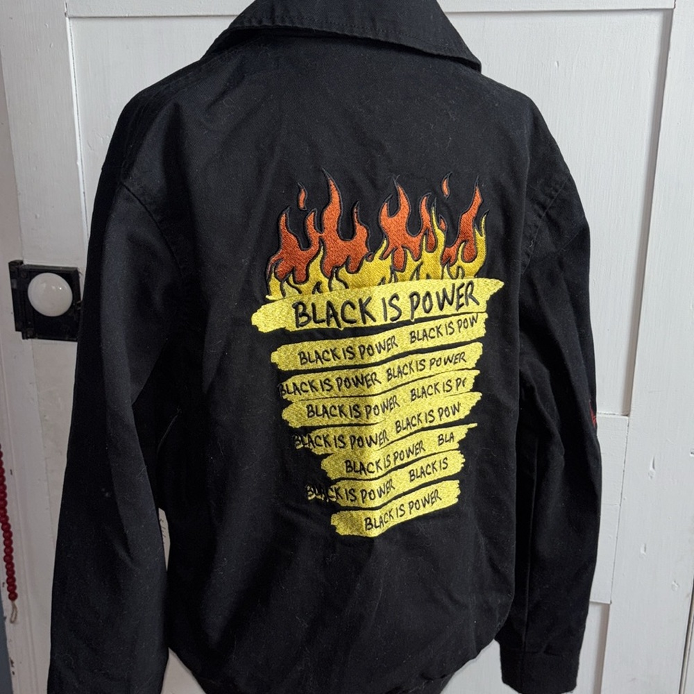 Rare Forever 21 Black Is Power Love Peace Button Down Patch Work Denim Jacket M